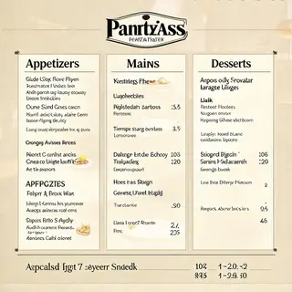A restaurant menu layout with a logo header, three category 