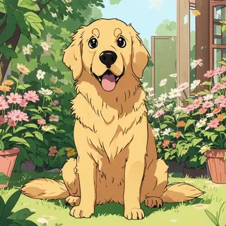 A golden retriever sitting in a garden, rendered in Japanese