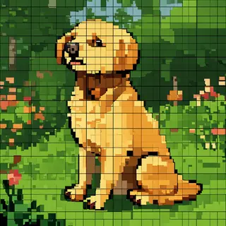 A golden retriever sitting in a garden, rendered in pixel ar