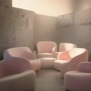 An interior scene rendered in soft brutalism — raw concrete 