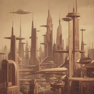 A cityscape rendered in nostalgic futurism — retro-futuristi