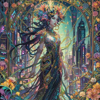 A woman in a futuristic city rendered in cyberpunk Art Nouve