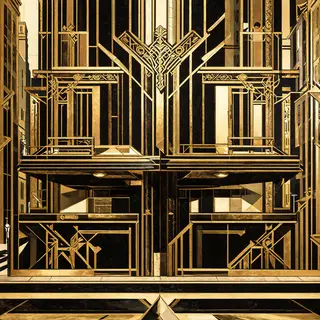 A city street scene in the style of Art Deco — geometric sha