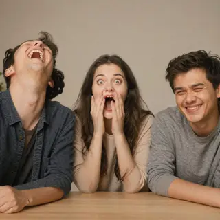 A group of three friends at a table: one laughing with head 