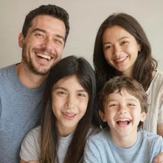 A family photo with four people: a father beaming with pride