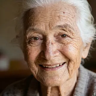 An elderly woman in her 80s with deep wrinkles and white hai