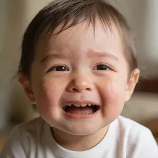 A 5-year-old child with round cheeks and large eyes, crying 