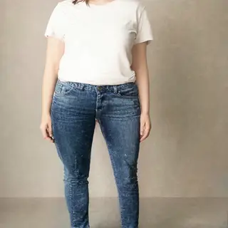A woman standing upright in a relaxed pose, arms at her side