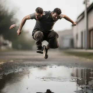 A man captured mid-jump over a puddle, body in the air with 