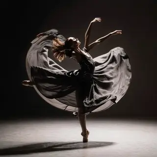 A dancer in a dynamic spin, dress flowing outward with one l