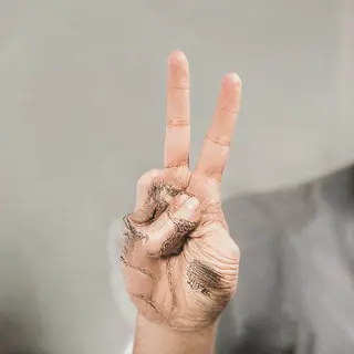 A person making a peace sign with their right hand, clearly 