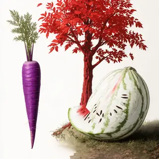 A purple carrot, a red tree with red leaves, and a white wat