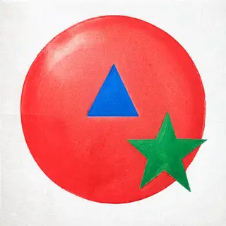 A large red circle, a small blue triangle, and a medium gree
