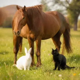 A big brown horse, a small white rabbit, and a medium-sized 