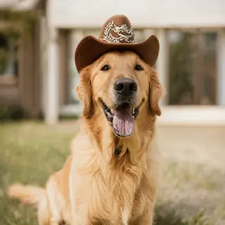A golden retriever wearing a tiny cowboy hat