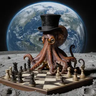 An octopus wearing a top hat and monocle playing chess on th