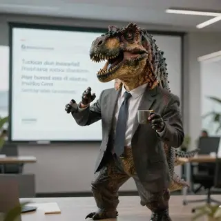 A dinosaur in a business suit giving a PowerPoint presentati