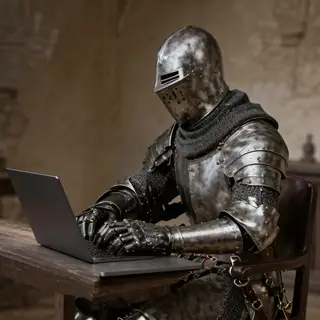 A medieval knight in full armor sitting at a desk typing on 