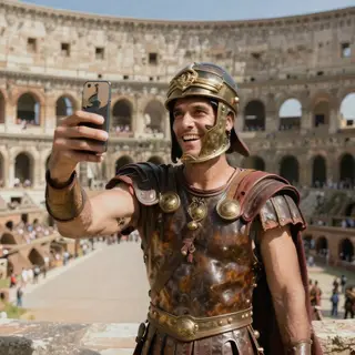 A Roman gladiator taking a selfie with a smartphone in the C
