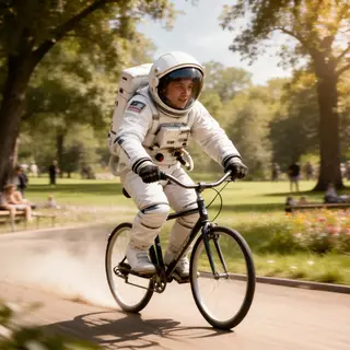 An astronaut in a spacesuit riding a bicycle through a park