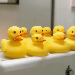 Exactly 5 yellow rubber ducks sitting in a row on a bathroom