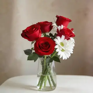 4 red roses and 2 white daisies in a glass vase on a table