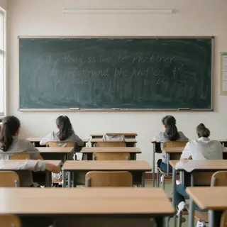 A classroom with desks and a chalkboard but no students