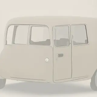 A car body with windows, doors, and headlights but no wheels