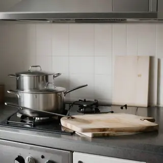 A kitchen with pots, pans, a stove, and a cutting board but 