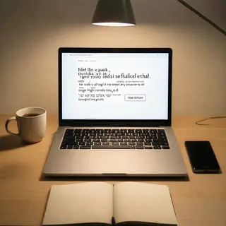 A desk scene: laptop in the center, coffee mug to the left, 