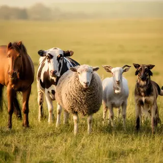 Five animals in a field: a horse on the far left, a cow to t