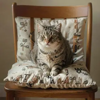 A cat sitting on a pillow, the pillow placed on a wooden cha