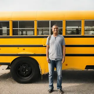 A person standing next to a yellow school bus, showing reali