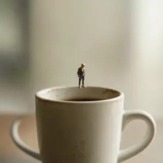 A tiny person standing on the rim of a coffee cup, looking d
