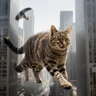 A giant tabby cat walking between city skyscrapers like a ka