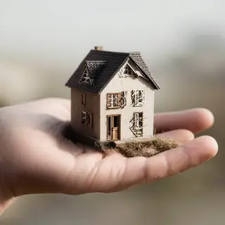 A miniature house sitting on the palm of someone's hand