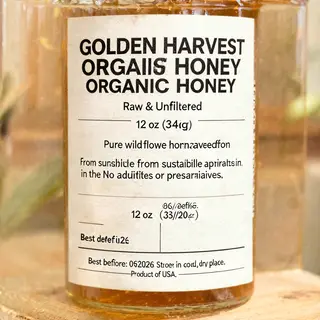 A product label for 'GOLDEN HARVEST ORGANIC HONEY' with subt