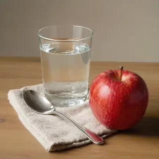 A still life on a wooden table featuring a clear glass of wa