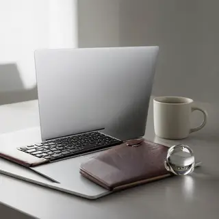 A workspace desk with a brushed aluminum laptop, a leather-b