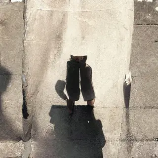 A person standing outdoors at midday with a short shadow dir