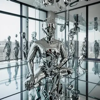 A chrome sculpture in a room with a glass floor and large wi