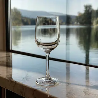 A crystal wine glass on a polished marble counter next to a 