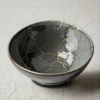 A Japanese kintsugi bowl — cracked ceramic repaired with vis
