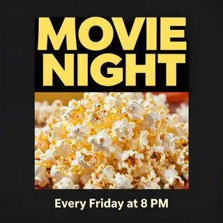 A movie night poster with a large popcorn image in the cente