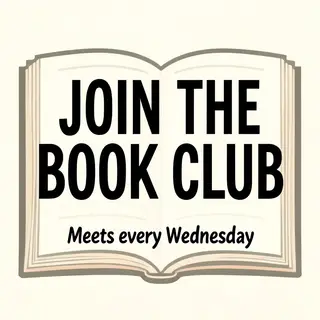 A book club poster with an open book illustration, the title