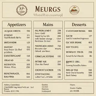 A restaurant menu layout with a logo header, three category 