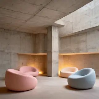 An interior scene rendered in soft brutalism — raw concrete 