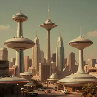 A cityscape rendered in nostalgic futurism — retro-futuristi