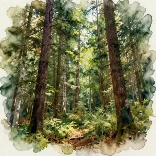 A forest rendered in photorealistic watercolor — the detail 