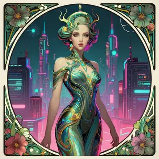 A woman in a futuristic city rendered in cyberpunk Art Nouve